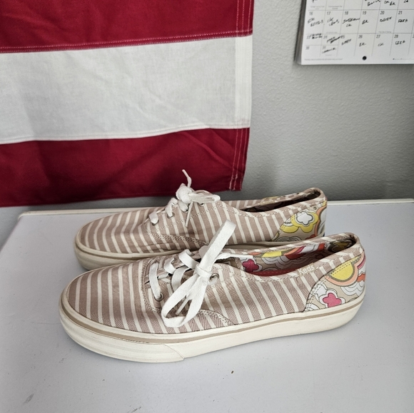 Striped Canvas Sneakers with Floral Heel Keds 8.5 - Picture 3 of 8